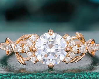 Twisted Leaf Branch Engagement Ring, Round Cut Moissanite Ring Nature Inspired Vine Promise Ring, Delicate Handmade Bridal Jewelry For Women