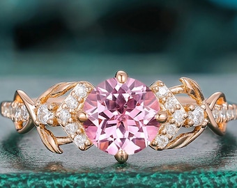 Nature Vine Round Pink Sapphire Promise Ring, Rose Gold Engagement Ring, Twisted Leaf Band, Dainty Handcrafted Anniversary Ring Gift For Her