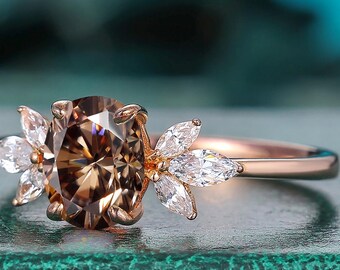 April Birthstone Ring 1.5CT Oval cut coffee moissanite diamond ring Vintage Cluster moissanite 14k yellow gold engagement ring Marquise ring