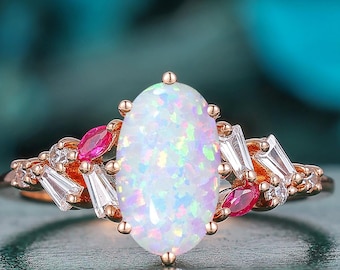 6x10mm Oval Cut White Opal Engagement Ring ire Opal Wedding Band 14K Solid Rose Gold Band Vintage Red Ruby Moissanite Promise Ring For Her