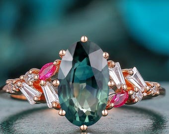 1.75CT Oval Cut Teal Green Sapphire Engagement Ring Vintage Moissanite Red Ruby Wedding Band Prong Setting Anniversary Gift For Her Lovers