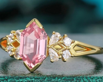 5x9mm Birthstone Ring Long Hexagon Cut Bezel Set Art Deco Inspired Natural Pink Sapphire Engagement Handmade Anniversary Promise Branch Ring
