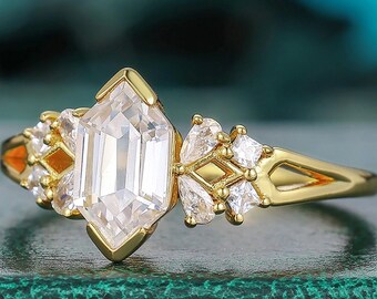 Vintage 5x9mm Long Hexagon Cut Moissanite Engagement Ring 14K Solid Yellow Gold Cluster Moissanite Wedding Ring Vintage Promise ring Women