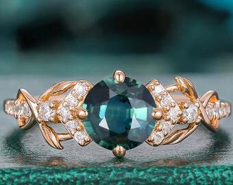 1.00CT 6.5mm Round Teal Sapphire Engagement Ring, Art Deco Nature Inspired Leaf Design Vine Band, Moissanite Prong Setting Statement Ring