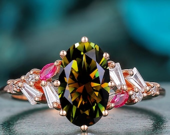 14KSolid Rose Gold 6x10mm Oval Cut Green Moissanite Engagement Ring Red Ruby Cluster Ring Prong Setting Bridal Promise Ring Anniversary Gift