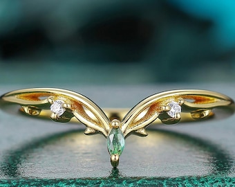 Dainty V Shape Green Emerald Stacking Ring, Marquise Green Gem Moissanite Accents, Minimalist Leaf Chevron Wedding Stackable Ring For Women