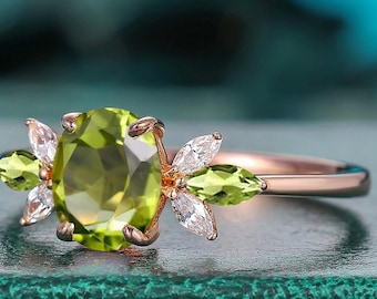 Natural Green Peridot Ring, Oval Peridot Ring,Rose Gold Peridot Marquise Cut Diamond Ring, Peridot Engagement Ring, August Birthstone Ring