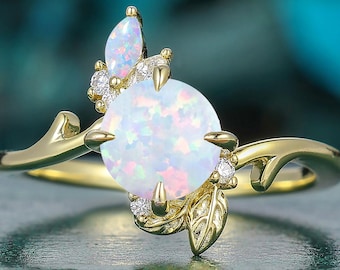 14K Solid Yellow Gold 7mm 1.25CT Round Cut White Opal Engagement Ring Moissanite Diamond Leaf Vine Design Bypass Band Ring Promise Ring Gift