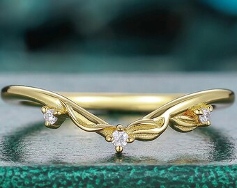 Vintage Round Cut 14k Yellow Solid Gold Moissanite Wedding Band Leaf Design Ring Nature Inspired Promise Ring  Perfect Gift Handmade Ring