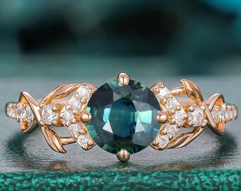14K Rose Gold Green Teal Sapphire Twisted Leaf Engagement Ring Nature Inspired Vine Ring Unique Round Moissanite Gemstone Unique Bridal Ring