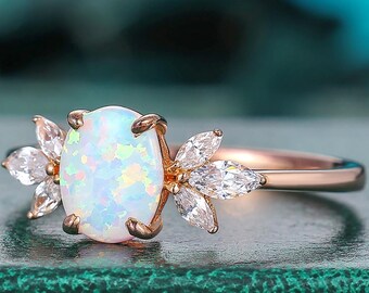 October Birthstone Ring 1.5CT 6x8mm Oval Cut White Opal Marquise Cut Moissanite Diamond Engagement Ring Anniversary Gift for Her Lover Women