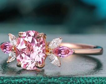 Birthstone Ring Vintage Pink Sapphire Engagement Ring Moissanite Diamond ring 6x8mm marquise cut Diamond promise wedding Anniversary Ring