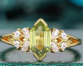 5x9mm Green Natural Peridot Long Hexagon Cut Engagement Ring 1.10CT S925 Silver Cluster Moissanite Wedding Ring Birthstone ring for Women