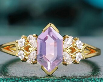 February Birthstone Ring 1.10CT Long Hexagon Cut Natural Purple Lavender Amethyst Ring 14K solid gold moissanite Diamond Wedding Ring gift