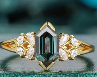Vintage 5x9mm Long Hexagon Cut Inspired Natural Green Sapphire Engagement Ring Promise ring Anniversary Gift Leaf Branch Ring Cluster Ring