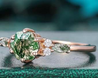 Hexagon Cut Natural Green Moss Agate Engagement Ring, moissanite diamonds solitaire ring statement promise ring gift for her Statement Ring