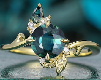 Teal Sapphire Engagement Ring 7mm Round Cut Diamond Marquise Cut Leaf Design Prong Setting 14K Solid Gold Birthstone Ring Promise Ring Gift