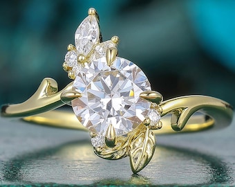 7mm Round Cut Moissanite Diamond Engagement Ring Leaf Vine Design Cluster Moissanite 14K Solid Gold April Birthstone Ring Promise Ring Gift