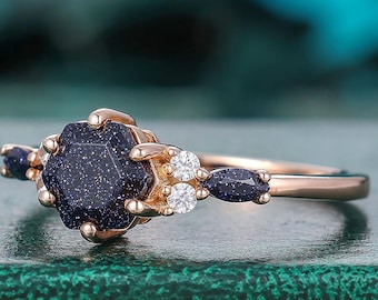 0.85CT hexagon Cut Blue sandstone Engagement Ring, 6mm moissanite ring Art Deco Nature Inspired 10k 14k 18k Prong Setting Statement Ring