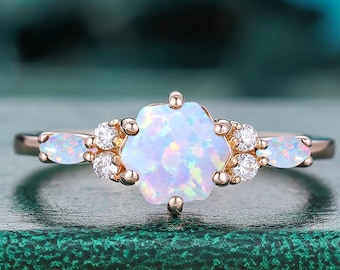 October Birthstone Ring Hexagon Cut White Opal Engagement Ring, Round moissanite Marqusie white gemstones diamonds ring gift for her lovers