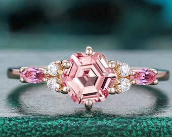 Vintage Unique Handcrafted Hexagon Cut Pink Sapphire Engagement Ring 10k solid gold Moissanite Band 0.85CT Prong Setting Ring gift for her