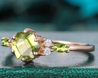 Art Deco Natural Green Peridot Engagement Ring, Marquise moissanite diamonds Anniversary Ring cluster engagement ring gift for her Statement