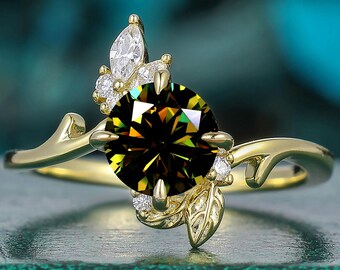 Green Moissanite Engagement Ring 7mm Round Cut Moissanite Cluster Marquise Moissanite Accents Ring 14K Solid Gold April Birthstone Ring Gift