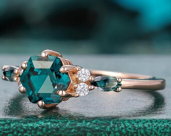 Handcrafted Hexagon Teal Sapphire Engagement Ring Marquise Cut Moissanite Wedding Band 0.85CT 14k 18k Anniversary Gift Prong Setting Ring