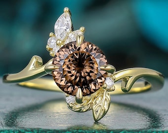 April Birthstone Ring 14k solid yellow gold 7mm Round Cut coffee Moissanite Diamond Engagement Ring round Moissanite Promise Ring Gift her