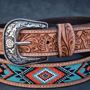 Beaded Tooled Leather Western Belt - Etsy display picture 2