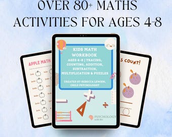 May include: A digital guide for kids aged 4-8, featuring over 80 math activities. The image shows three tablets displaying workbook pages with tracing, counting, addition, subtraction, multiplication, and puzzle exercises. The guide is created by a child psychologist.