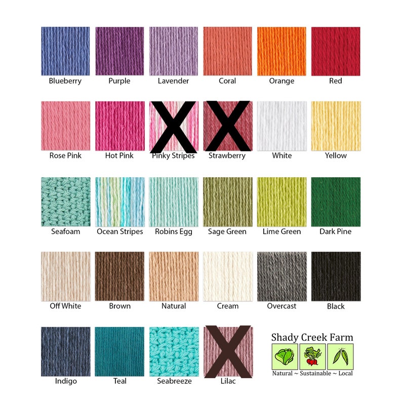 Peut inclure: Un nuancier de 24 couleurs de fil, comprenant bleuet, violet, lavande, corail, orange, rouge, rose p&acirc;le, rose vif, rayures roses, fraise, blanc, jaune, mousse de mer, rayures oc&eacute;an, &oelig;uf de robin, vert sauge, vert lime, pin fonc&eacute;, blanc cass&eacute;, marron, naturel, cr&egrave;me, gris nuageux, noir, indigo, sarcelle, brise marine et lilas. Le nuancier est intitul&eacute; "Shady Creek Farm" avec le texte "Naturel - Durable - Local".
