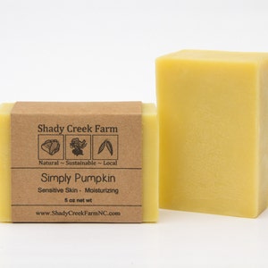 May include: A bar of yellow soap with a brown paper label that reads "Shady Creek Farm" with a logo of three icons representing natural, sustainable, and local. The label also reads "Simply Pumpkin", "Sensitive Skin - Moisturizing", "5 oz net wt", and "www.ShadyCreekFarmNC.com".