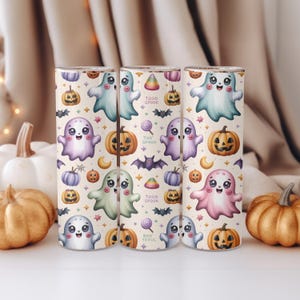 Kawaii Halloween Ghost Tumbler Wrap: Pastell Kürbis Fledermaus PNG (Digitale Datei für 20oz Becher)