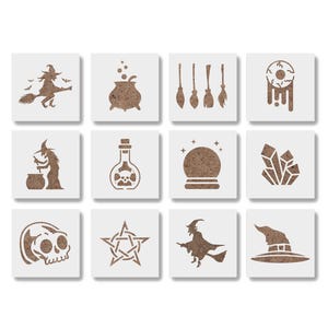 Witch Stencil Set – 12 Pack Halloween Witchcraft Stencils – Reusable 10 Mil Mylar 4x4 Craft Stencils for Painting, Drawing, Witch DIY Décor
