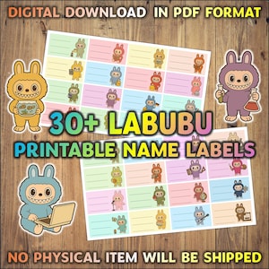 Labubu themed printable name tag labels for school books and notebooks, back-to-school printable stickers in PDF format (digital download)
