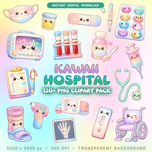 Paquete de imágenes prediseñadas de hospital kawaii / Paquete de iconos de suministros médicos pastel + Bonificación