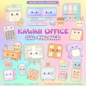 Puede incluir: Una colección de ilustraciones de suministros de oficina estilo kawaii, que incluyen una computadora, una calculadora y un escritorio. La imagen presenta una variedad de artículos de oficina en colores pastel con caras sonrientes, como una impresora, una caja fuerte y un dispensador de agua. El texto dice "KAWAII OFFICE 100+ PNG PACK".