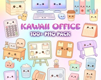 Paquete PNG de oficina kawaii / Más de 100 imágenes prediseñadas de suministros de oficina en tonos pastel / Paquete de iconos de papelería adorables