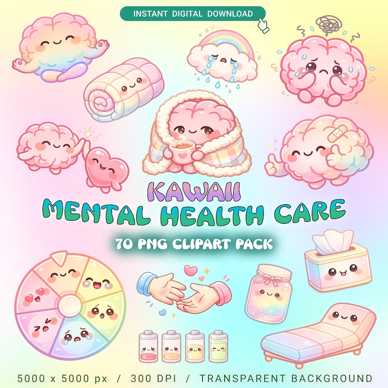 Kawaii Mental Health Clipart PNG Pack | Self Care, Therapy, SEL Icons ...