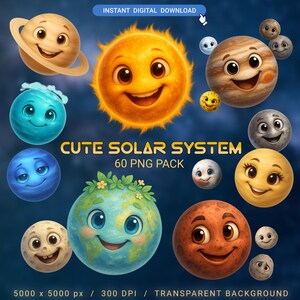 Op de afbeelding: Een digitale illustratie van een schattig zonnestelsel met lachende planeten en manen. De afbeelding bevat de zon, Saturnus, Jupiter, Aarde, Mars en andere hemellichamen. Tekst luidt "CUTE SOLAR SYSTEM 60 PNG PACK". De afbeelding is 5000 x 5000 px.