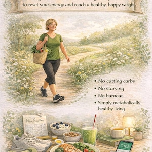 May include: Watercolor illustration with the text "Body Reset". A woman walks on a path, carrying a basket. The image includes text about healthy living, a plate of food, a smoothie, and a smartphone.