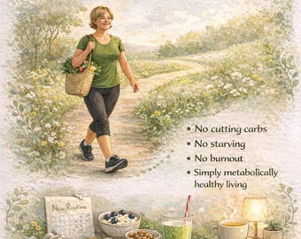 May include: Watercolor illustration with the text "Body Reset". A woman walks on a path, carrying a basket. The image includes text about healthy living, a plate of food, a smoothie, and a smartphone.