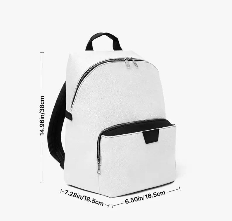 May include: White backpack with black accents, featuring a front pocket and a top handle. The backpack measures 14.96 inches (38cm) in height, 6.50 inches (16.5cm) in width, and 7.28 inches (18.5cm) in depth. It has a zippered main compartment and a smaller front pocket.