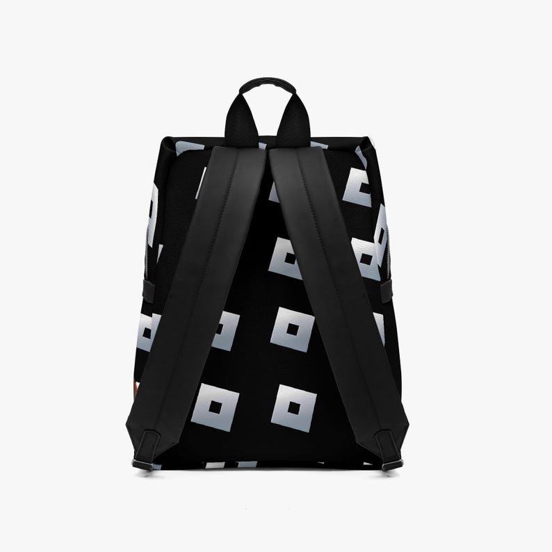 May include: Black backpack with a repeating pattern of silver squares. The backpack has black shoulder straps, a top handle, and a rectangular shape. The design is modern and geometric, suitable for everyday use.