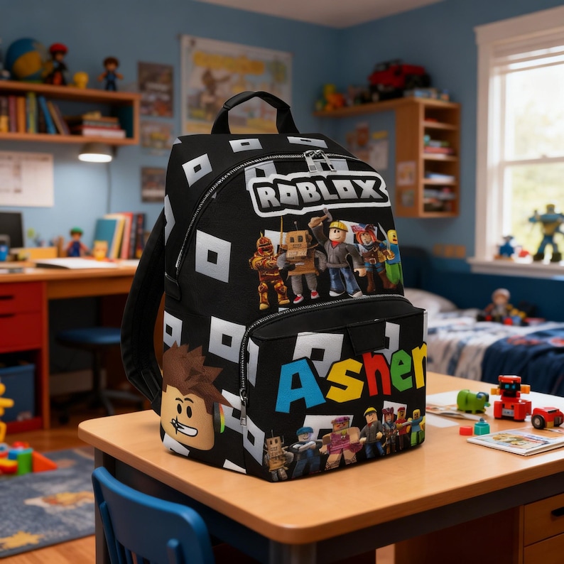 May include: Black backpack featuring the Roblox logo and characters, with white square accents. The name "Asher" is displayed in colorful letters on the front pocket. The backpack is sitting on a wooden desk.