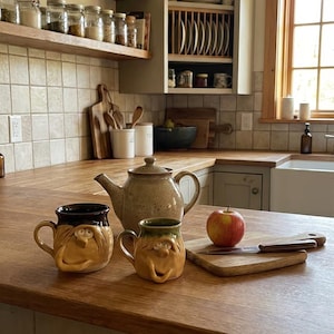 May include: A kitchen scene featuring a wooden countertop with a teapot and two whimsical face mugs. A red apple and a cutting board with a knife are also on the counter. Shelves with jars and a cabinet with plates are in the background.