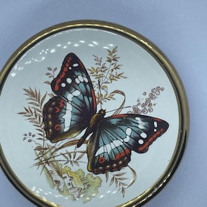 Op de afbeelding: Een ronde, witte decoratieve plaat met een gouden rand. De plaat toont een gedetailleerde illustratie van een vlinder met blauwe, rode en zwarte vleugels, tegen een achtergrond van bloemmotieven. Het vlinderontwerp is gecentreerd op de plaat.