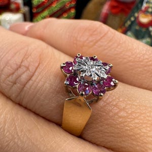 Vintage massief gouden Starburst-ring met robijn en diamant 9 kt goud, London Hallmark 1981