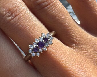 Vintage Solid 9ct Gold Amethyst Trilogy Halo Ring Hallmarked Birmingham  2004 Size Q
